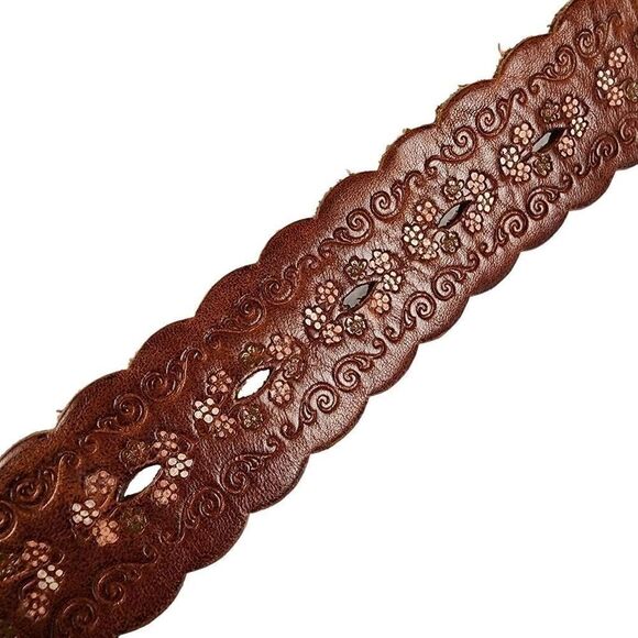 Amanda Smith- Women’s Brown Tooled Floral Leather Belt, Size M - Picture 5 of 11
